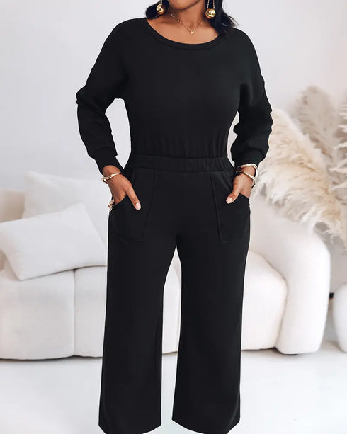 Drop Shoulder Long Sleeve Contrast Lace Backless Overalls Casual Elastic Waist Wide Leg Jumpsuit black