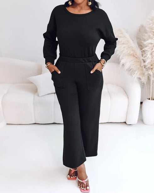 Drop Shoulder Long Sleeve Contrast Lace Backless Overalls Casual Elastic Waist Wide Leg Jumpsuit black