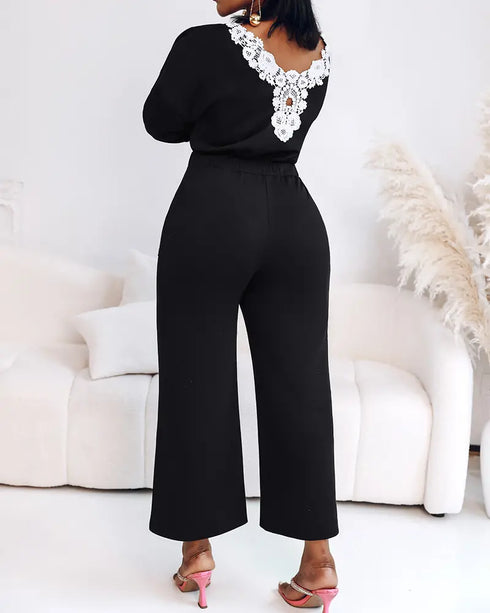 Drop Shoulder Long Sleeve Contrast Lace Backless Overalls Casual Elastic Waist Wide Leg Jumpsuit black