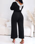 Drop Shoulder Long Sleeve Contrast Lace Backless Overalls Casual Elastic Waist Wide Leg Jumpsuit black