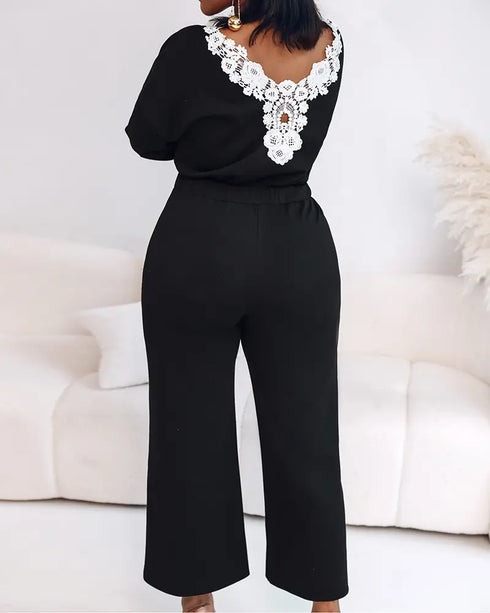 Off Shoulder V-Back Elastic Waist Pockets Design Jumpsuit Casual Drop Shoulder Cinched Waist Wide Leg Jumpsuit black