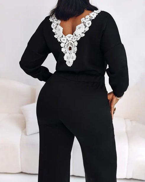 Drop Shoulder Long Sleeve Contrast Lace Backless Overalls Casual Elastic Waist Wide Leg Jumpsuit black