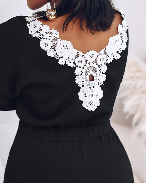 Drop Shoulder Long Sleeve Contrast Lace Backless Overalls Casual Elastic Waist Wide Leg Jumpsuit black