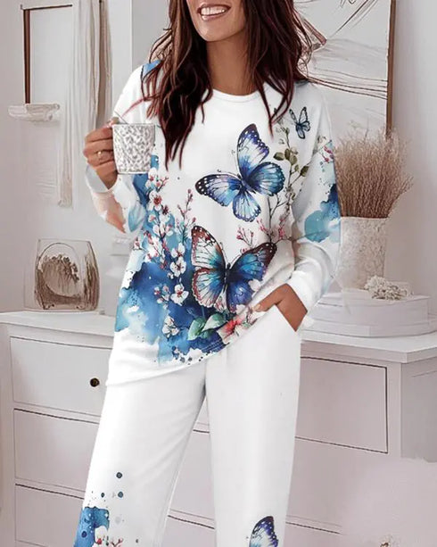 2 Pieces Outfit Round Neck Lace Spliced Short Sleeve Top and Elastic Waist Straight Leg Pants Set Casual Brushed Ribbed Pajamas Set white