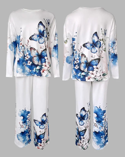 Floral Butterfly Print Round Neck Long Sleeve Top and Causal Pants Set with Pocket white