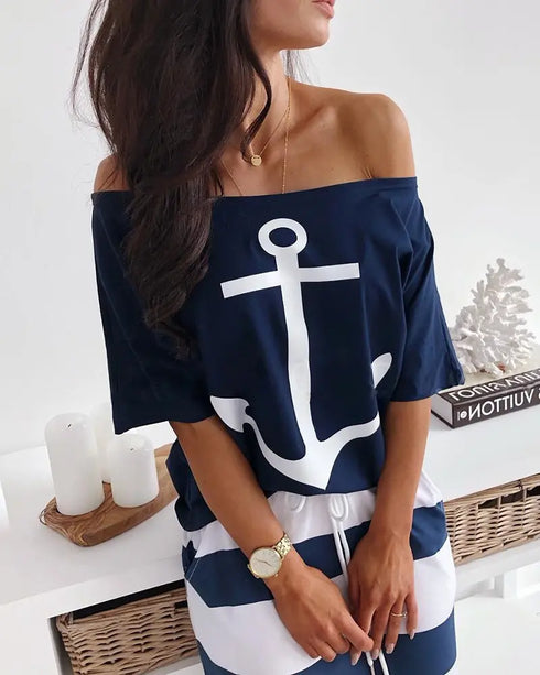 2 Pieces Outfit Anchor Print Skew Neck Top and Casual Striped Drawstring Elastic Waist Skirt Set blue