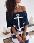 2 Pieces Outfit Anchor Print Skew Neck Top and Casual Striped Drawstring Elastic Waist Skirt Set blue