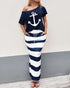 2 Pieces Outfit Anchor Print Skew Neck Top and Casual Striped Drawstring Elastic Waist Skirt Set blue