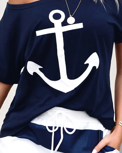 2 Pieces Outfit Anchor Print Skew Neck Top and Casual Striped Drawstring Elastic Waist Skirt Set blue