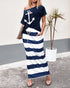 2 Pieces Outfit Anchor Print Skew Neck Top and Casual Striped Drawstring Elastic Waist Skirt Set blue