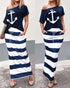 2 Pieces Outfit Anchor Print Skew Neck Top and Casual Striped Drawstring Elastic Waist Skirt Set blue