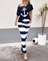 2 Pieces Outfit Anchor Print Skew Neck Top and Casual Striped Drawstring Elastic Waist Skirt Set blue
