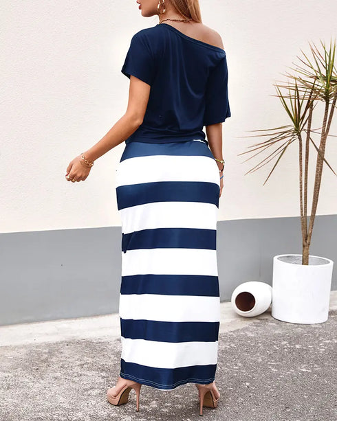 2 Pieces Outfit Anchor Print Skew Neck Top and Casual Striped Drawstring Elastic Waist Skirt Set blue