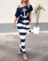 2 Pieces Outfit Anchor Print Skew Neck Top and Casual Striped Drawstring Elastic Waist Skirt Set blue