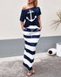 2 Pieces Outfit Anchor Print Skew Neck Top and Casual Striped Drawstring Elastic Waist Skirt Set blue