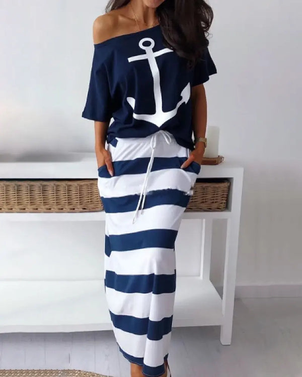 2 Pieces Outfit Anchor Print Skew Neck Top and Casual Striped Drawstring Elastic Waist Skirt Set blue