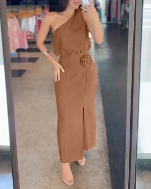 2 Pieces Outfit One Shoulder Sleeveless Elastic Hem Crop Top and 3D Flower Decor High Waist Slit Dress Set brown