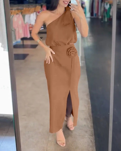 2 Pieces Outfit One Shoulder Sleeveless Elastic Hem Crop Top and 3D Flower Decor High Waist Slit Dress Set brown