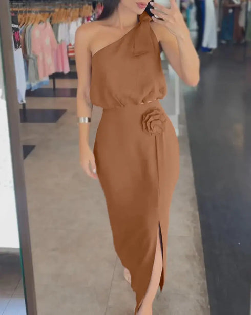 2 Pieces Outfit One Shoulder Sleeveless Elastic Hem Crop Top and 3D Flower Decor High Waist Slit Dress Set brown
