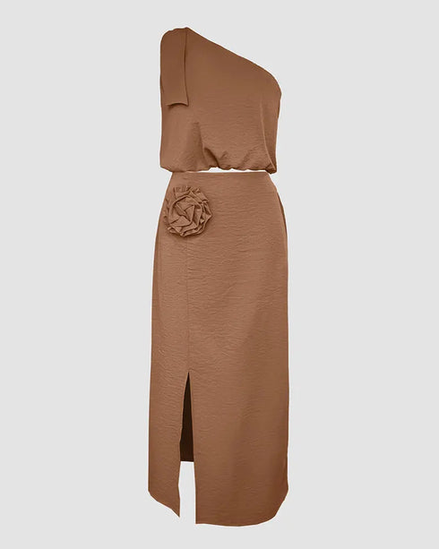 2 Pieces Outfit One Shoulder Sleeveless Elastic Hem Crop Top and 3D Flower Decor High Waist Slit Dress Set brown
