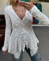 Lace Trim V Neck Button Front Blouse Elegant Asymmetrical Ruffle Hem Top white