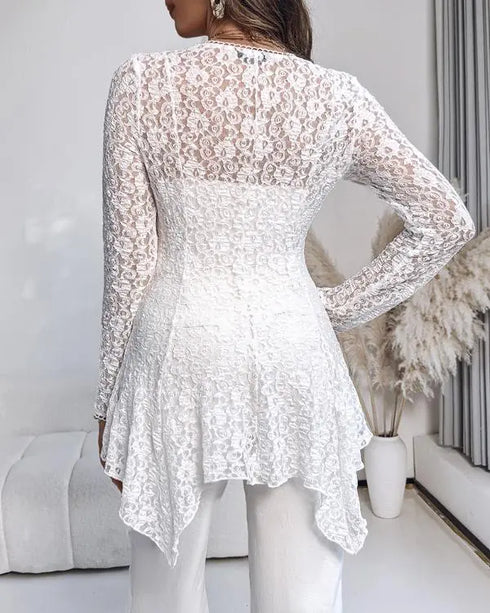 Lace Trim V Neck Button Front Blouse Elegant Asymmetrical Ruffle Hem Top white