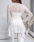 Lace Trim V Neck Button Front Blouse Elegant Asymmetrical Ruffle Hem Top white