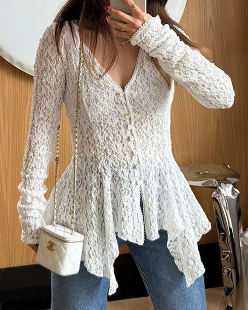 Lace Trim V Neck Button Front Blouse Elegant Asymmetrical Ruffle Hem Top white