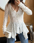 Lace Trim V Neck Button Front Blouse Elegant Asymmetrical Ruffle Hem Top white