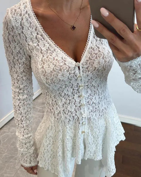 Lace Trim V Neck Button Front Blouse Elegant Asymmetrical Ruffle Hem Top white