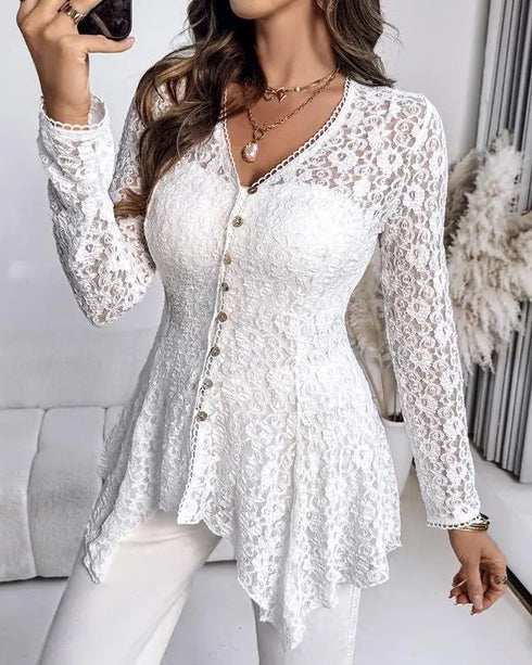 Lace Trim V Neck Button Front Blouse Elegant Asymmetrical Ruffle Hem Top white