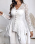 Lace Trim V Neck Button Front Blouse Elegant Asymmetrical Ruffle Hem Top white