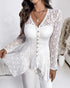 Lace Trim V Neck Button Front Blouse Elegant Asymmetrical Ruffle Hem Top white
