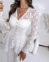 Lace Trim V Neck Button Front Blouse Elegant Asymmetrical Ruffle Hem Top white