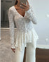 Lace Trim V Neck Button Front Blouse Elegant Asymmetrical Ruffle Hem Top white