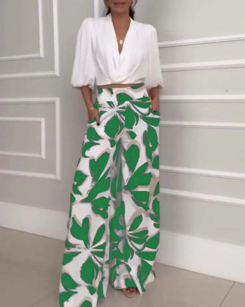 2 Pieces Outfit Wrap Plunge V Neck Crop Blouse and Casual Floral Print Wide Leg Pants Set green
