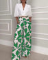 2 Pieces Outfit Wrap Plunge V Neck Crop Blouse and Casual Floral Print Wide Leg Pants Set green