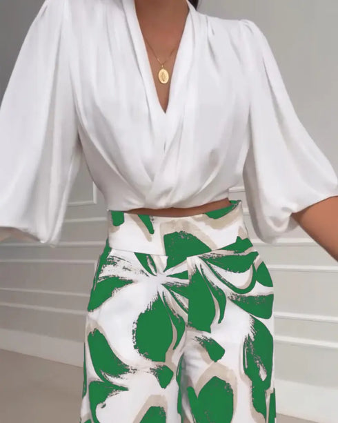 2 Pieces Outfit Wrap Plunge V Neck Crop Blouse and Casual Floral Print Wide Leg Pants Set green