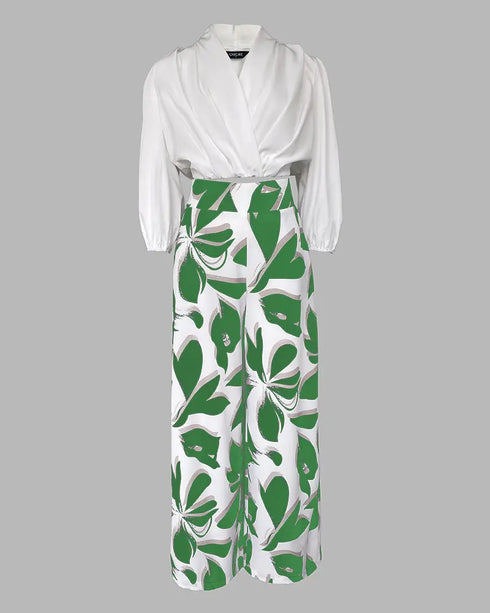 2 Pieces Outfit Wrap Plunge V Neck Crop Blouse and Casual Floral Print Wide Leg Pants Set green