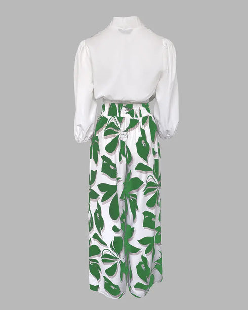 2 Pieces Outfit Wrap Plunge V Neck Crop Blouse and Casual Floral Print Wide Leg Pants Set green