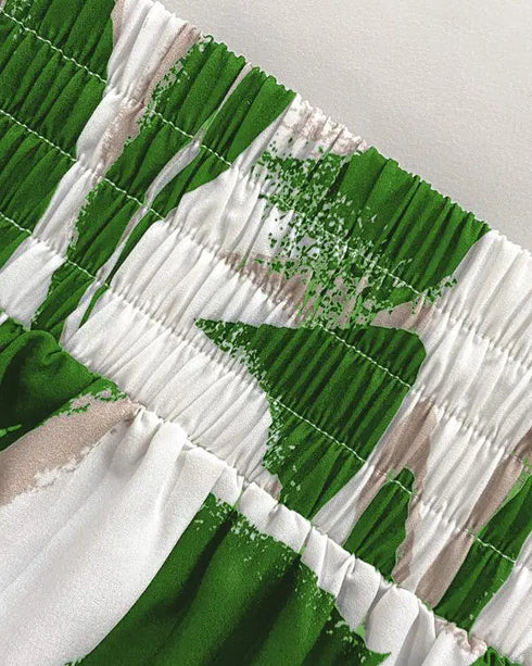 2 Pieces Outfit Wrap Plunge V Neck Crop Blouse and Casual Floral Print Wide Leg Pants Set green