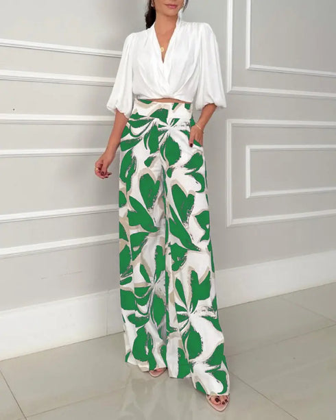 2 Pieces Outfit Wrap Plunge V Neck Crop Blouse and Casual Floral Print Wide Leg Pants Set green