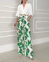 2 Pieces Outfit Wrap Plunge V Neck Crop Blouse and Casual Floral Print Wide Leg Pants Set green