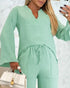 2 Piece Notch Neck Long Sleeve Asymmetrical Hem Tops Stretchy Waist Straight Leg Pants Lounge Sets Tracksuit light green