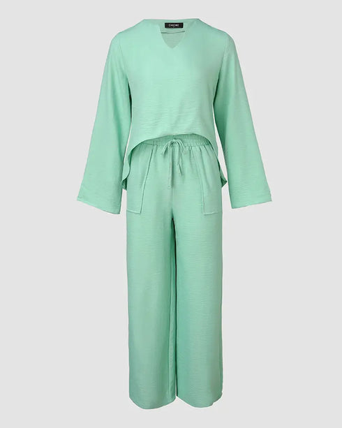 2 Piece Notch Neck Long Sleeve Asymmetrical Hem Tops Stretchy Waist Straight Leg Pants Lounge Sets Tracksuit light green