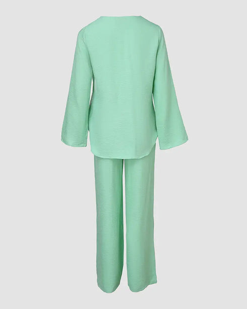 2 Piece Notch Neck Long Sleeve Asymmetrical Hem Tops Stretchy Waist Straight Leg Pants Lounge Sets Tracksuit light green