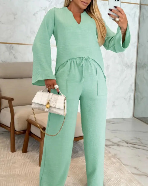 2 Piece Notch Neck Long Sleeve Asymmetrical Hem Tops Stretchy Waist Straight Leg Pants Lounge Sets Tracksuit light green