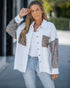 Casual Jacket Sequin Patchwork Long Sleeve Jacket Top Button Front Raw Hem Oversized Denim Shacket white