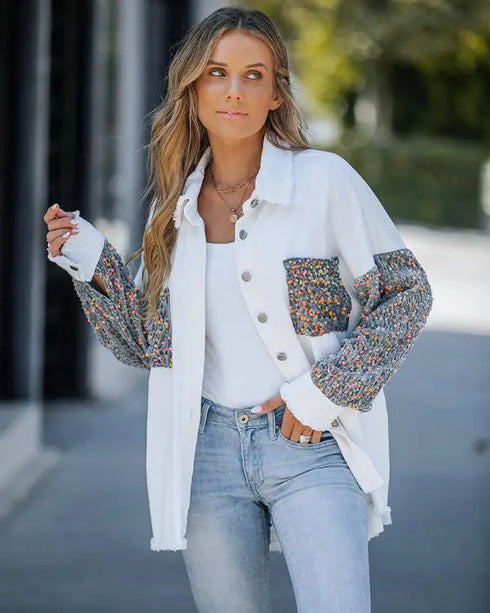 Contrast Sequin Turn-down Collar Long Sleeve Tassel Design Fuzzy Shacket with Pocket white