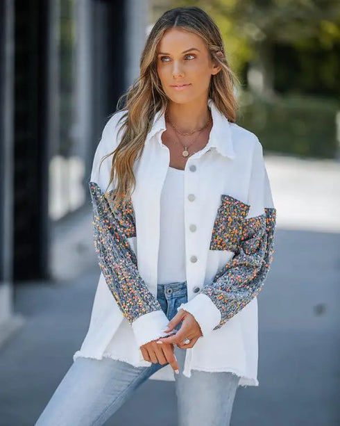 Contrast Sequin Turn-down Collar Long Sleeve Tassel Design Fuzzy Shacket with Pocket white